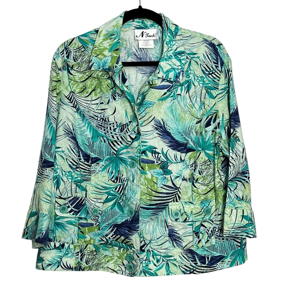 N Touch Women's Palm Leaf Print Linen Blend Button Down Shirt‎ Jacket Size 18